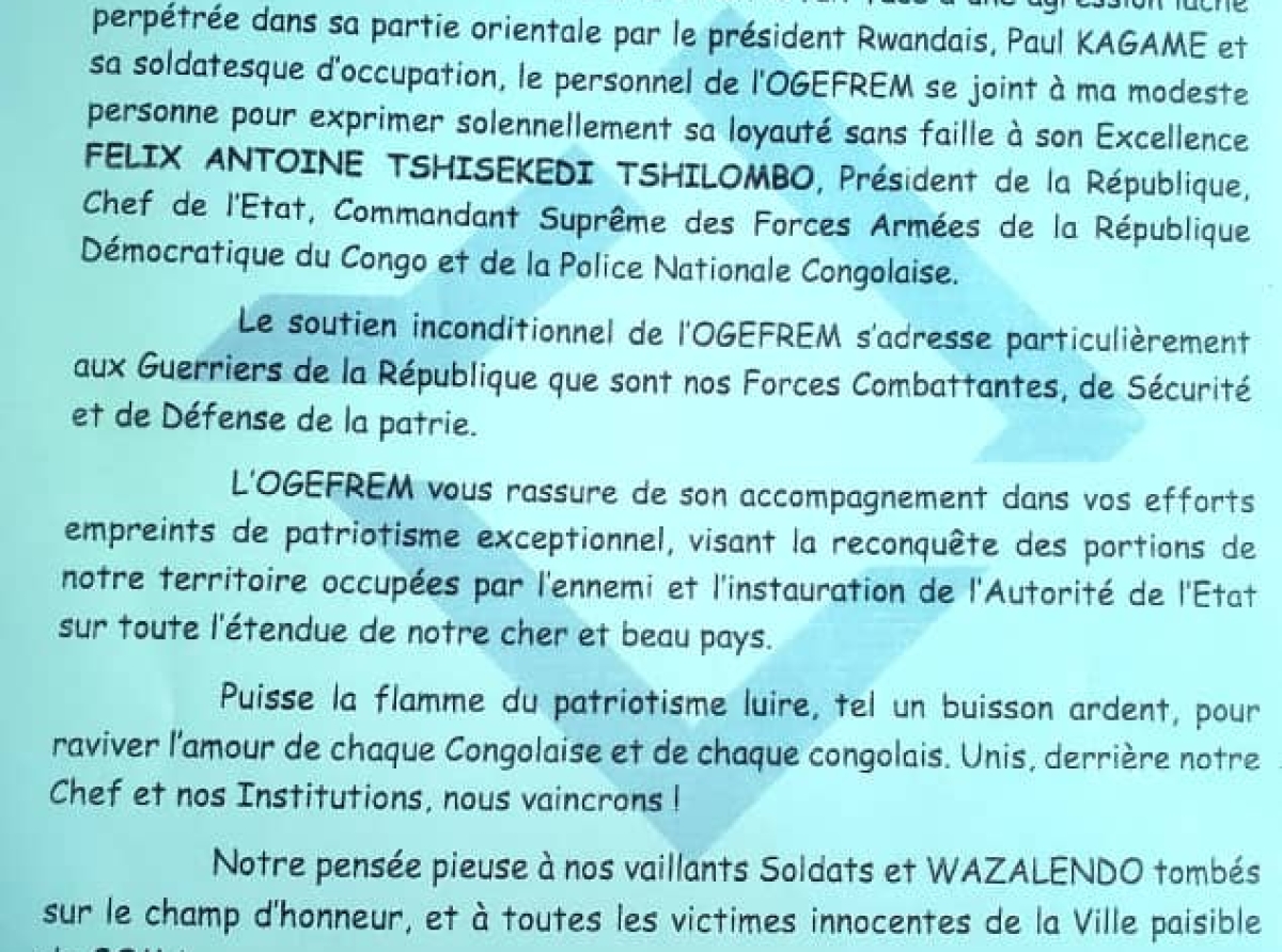 Agression rwandaise : message de soutien de l'OGEFREM au Président Félix Tshisekedi et aux FARDC