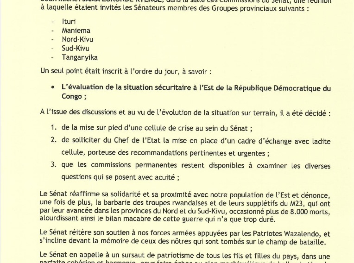 Enjeux sécuritaires : mise sur pied d'une cellule de crise au Sénat [Document]