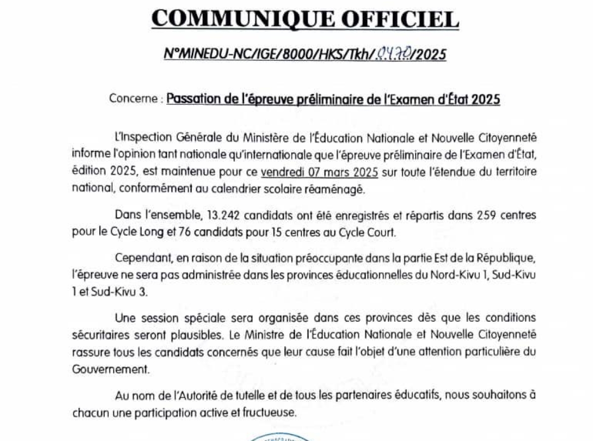 Éducation nationale : l'épreuve préliminaire de l'examen d'Etat édition 2025 annoncée pour ce 7 Mars 2025