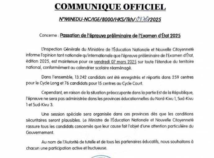 Éducation nationale : l'épreuve préliminaire de l'examen d'Etat édition 2025 annoncée pour ce 7 Mars 2025