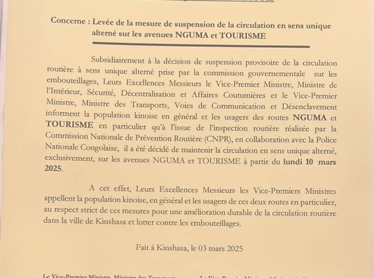 Kinshasa : la circulation routière maintenue en sens unique alterné sur les avenues Nguma et tourisme