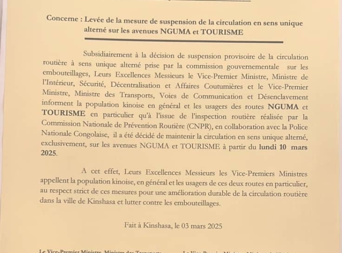 Kinshasa : la circulation routière maintenue en sens unique alterné sur les avenues Nguma et tourisme   