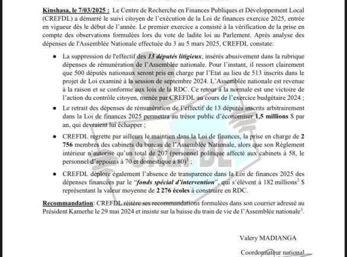 Exécution de la loi de finances 2025: CREFDL constate la suppression de 13 députés litigieux insérés abusivement dans la rubrique dépenses de rémunération