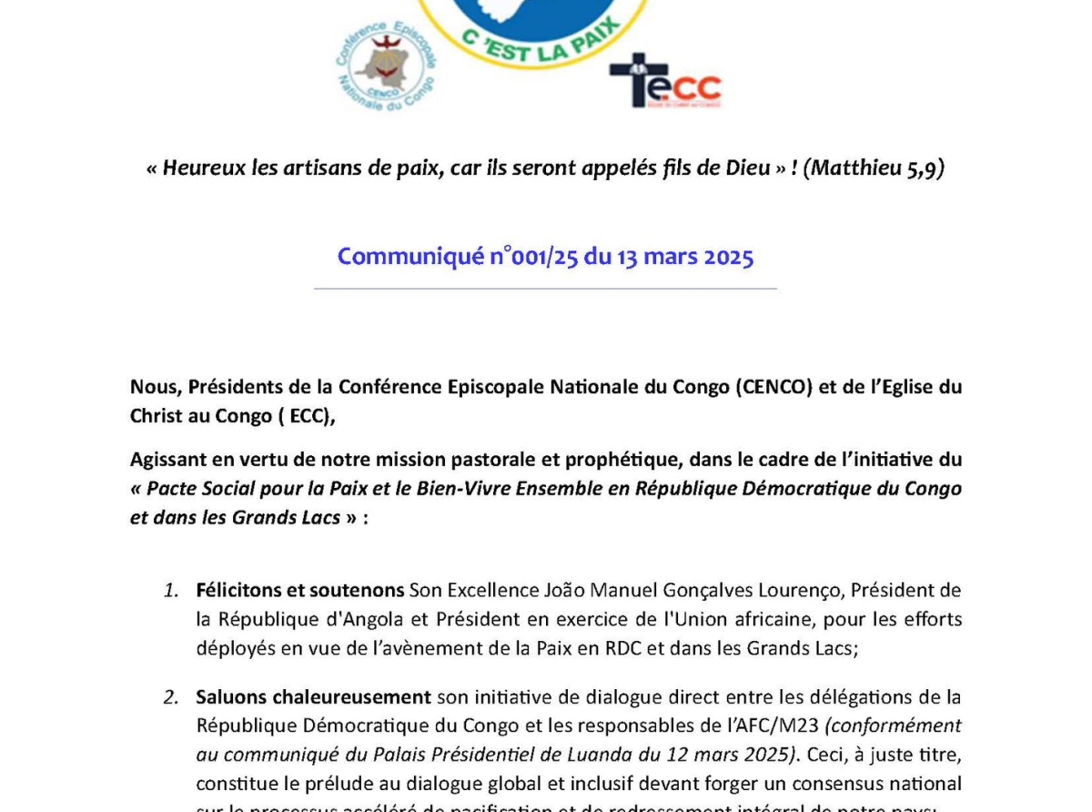 Dialogue global et inclusif : ces fleurs de la CENCO et ECC au Président Félix Tshisekedi