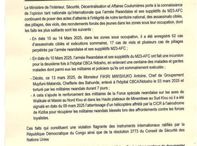 Occupation rwandaise : 62 cas d'assassinats et 17 de viols en 5 jours [COMMUNIQUÉ]