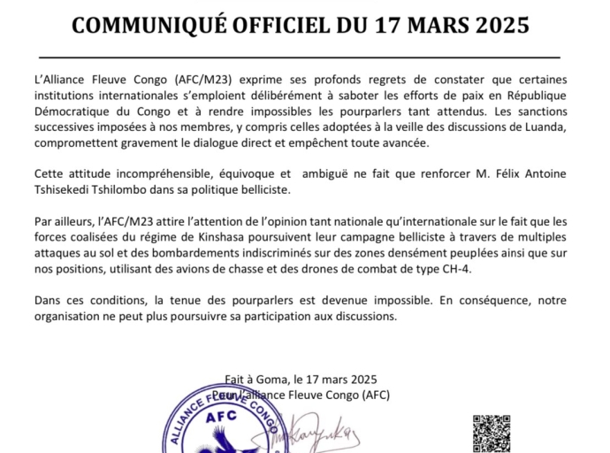 Négociations directes de Luanda : l'AFC/M23 se rétracte après les sanctions de l'UE