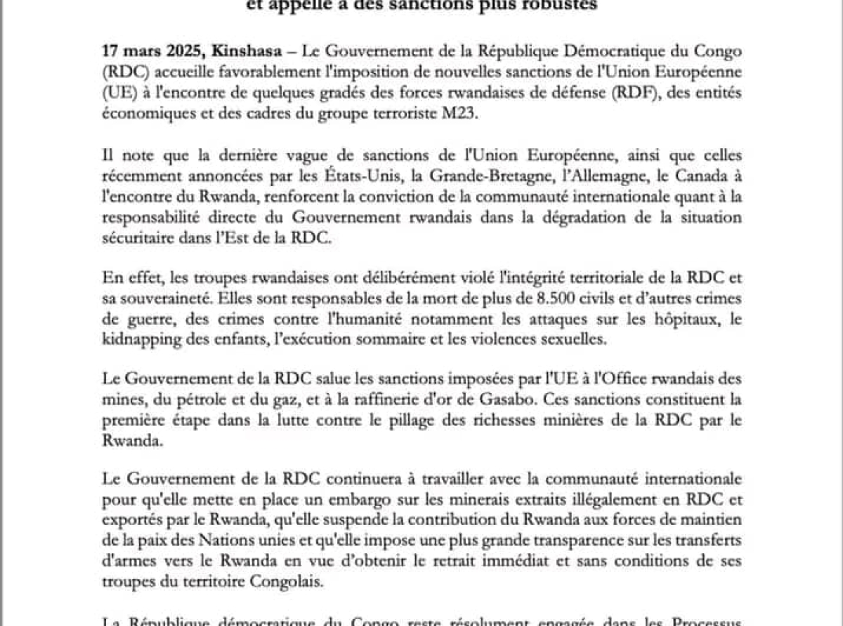 LE GOUVERNEMENT DE LA RDC SALUE LES NOUVELLES SANCTIONS IMPOSÉES PAR L'UE CONTRE LE M23/AFC