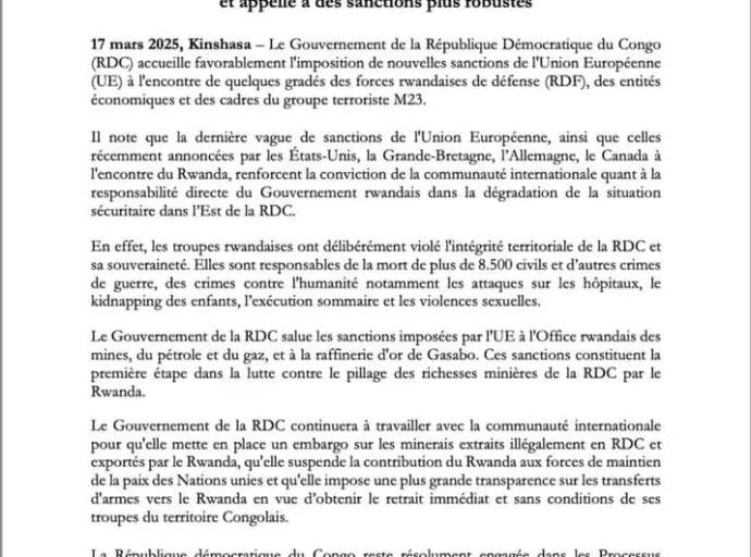LE GOUVERNEMENT DE LA RDC SALUE LES NOUVELLES SANCTIONS IMPOSÉES PAR L'UE CONTRE LE M23/AFC