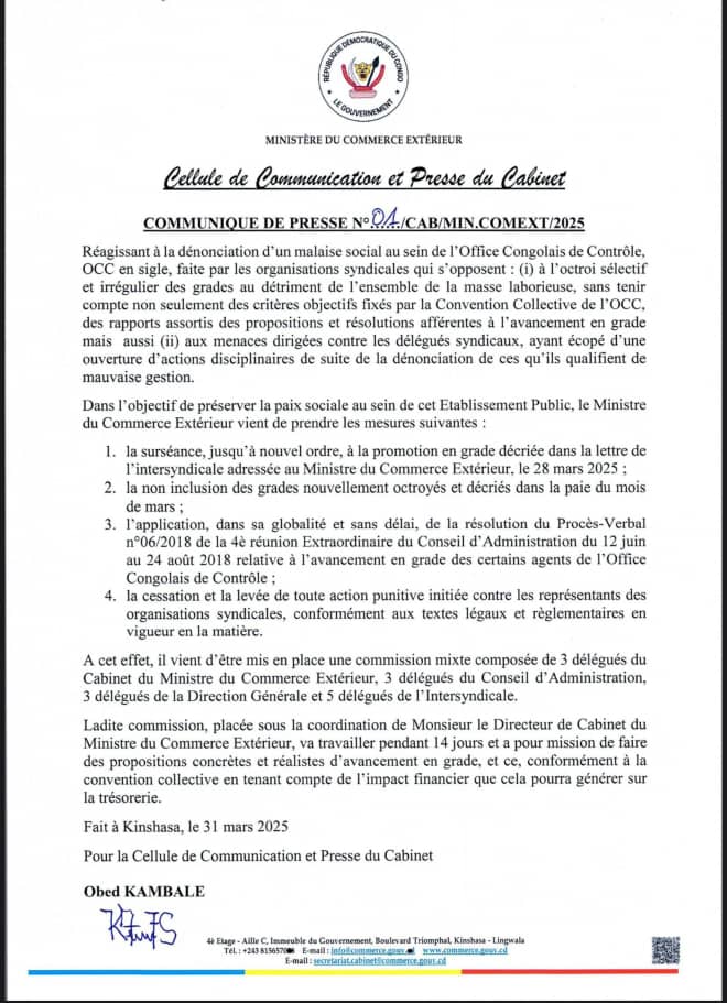 Crise à l'OCC: le Ministre du commerce extérieur intervient