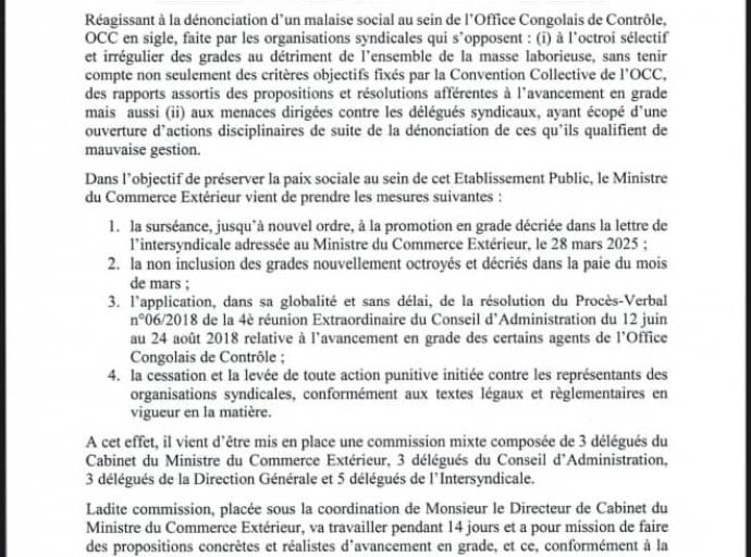 Crise à l'OCC: le Ministre du commerce extérieur intervient