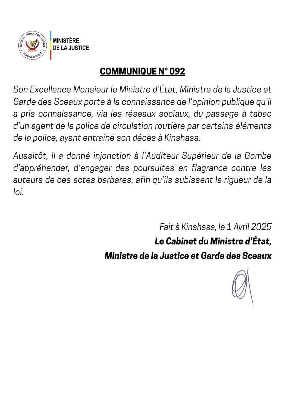 Urgent ! Affaire roulage tabassé à mort : Constant Mutamba demande à l'Auditeur Supérieur de se saisir du dossier