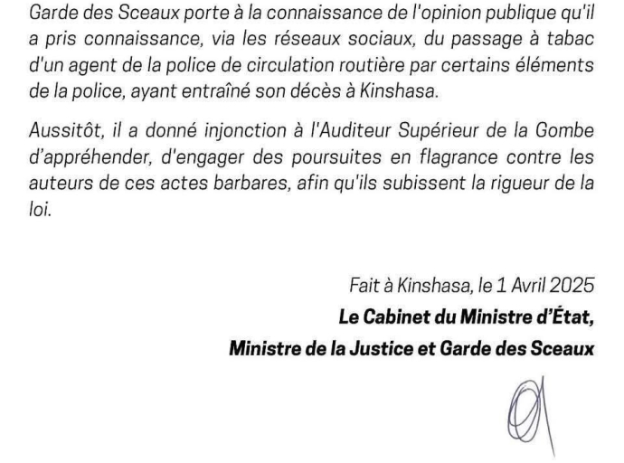 Urgent ! Affaire roulage tabassé à mort : Constant Mutamba demande à l'Auditeur Supérieur de se saisir du dossier