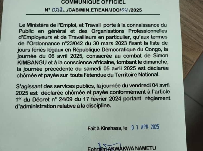 RDC: la journée du vendredi 4 avril 2025 déclarée chômée et payée pour les services publics