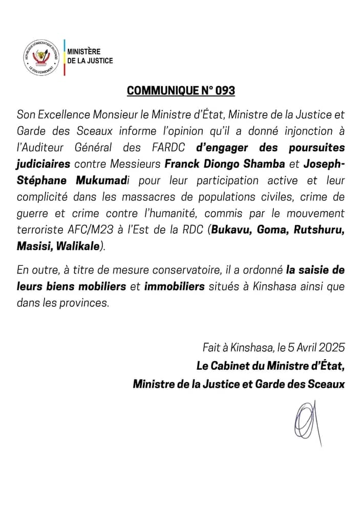 RDC: Franck Diongo et Joseph Mukumadi dans le viseur de la justice