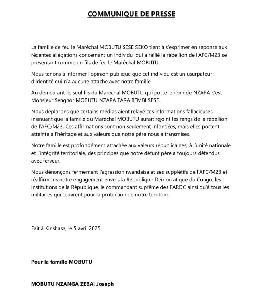 Pseudo adhésion au M23 : la famille Mobutu stoppe l'intox et réaffirme son engagement envers la RDC [COMMUNIQUE]