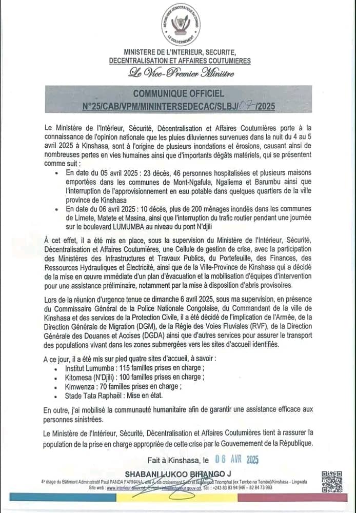 Kinshasa : 33 morts, bilan évolutif des pluies diluviennes