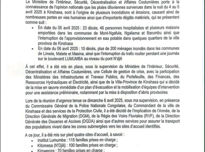Kinshasa : 33 morts, bilan évolutif des pluies diluviennes 