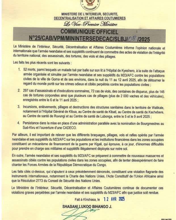 AGRESSION RWANDAISE: "LES BRAQUAGES OPERES PAR LES M23-AFC, MÉCANISME DE FINANCEMENT DE LA GUERRE PAR KIGALI" (COMMUNIQUÉ)
