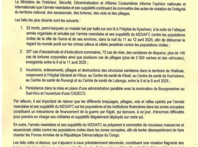 AGRESSION RWANDAISE: &quot;LES BRAQUAGES OPERES PAR LES M23-AFC, MÉCANISME DE FINANCEMENT DE LA GUERRE PAR KIGALI&quot; (COMMUNIQUÉ)