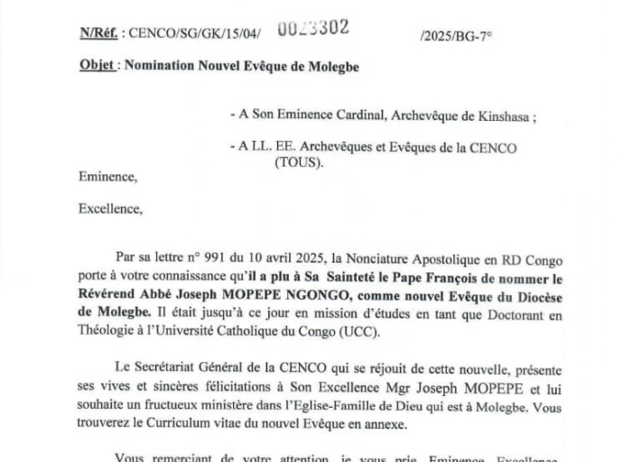 NORD-UBANGI: L'ABBÉ JOSEPH MUPEPE NGONGO NOMMÉ EVEQUE DU DIOCÈSE DE MOLEGBE