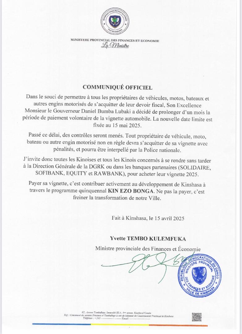 KINSHASA : LE PAIEMENT VOLONTAIRE DE LA VIGNETTE AUTOMOBILE PROROGE D'UN MOIS