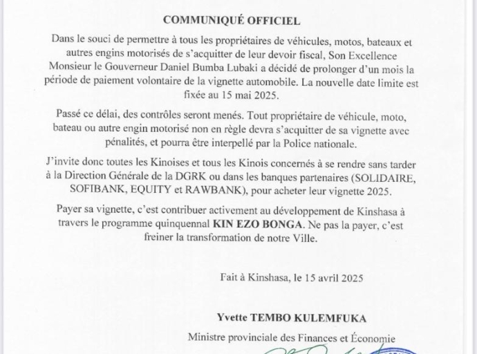 KINSHASA : LE PAIEMENT VOLONTAIRE DE LA VIGNETTE AUTOMOBILE PROROGE D'UN MOIS