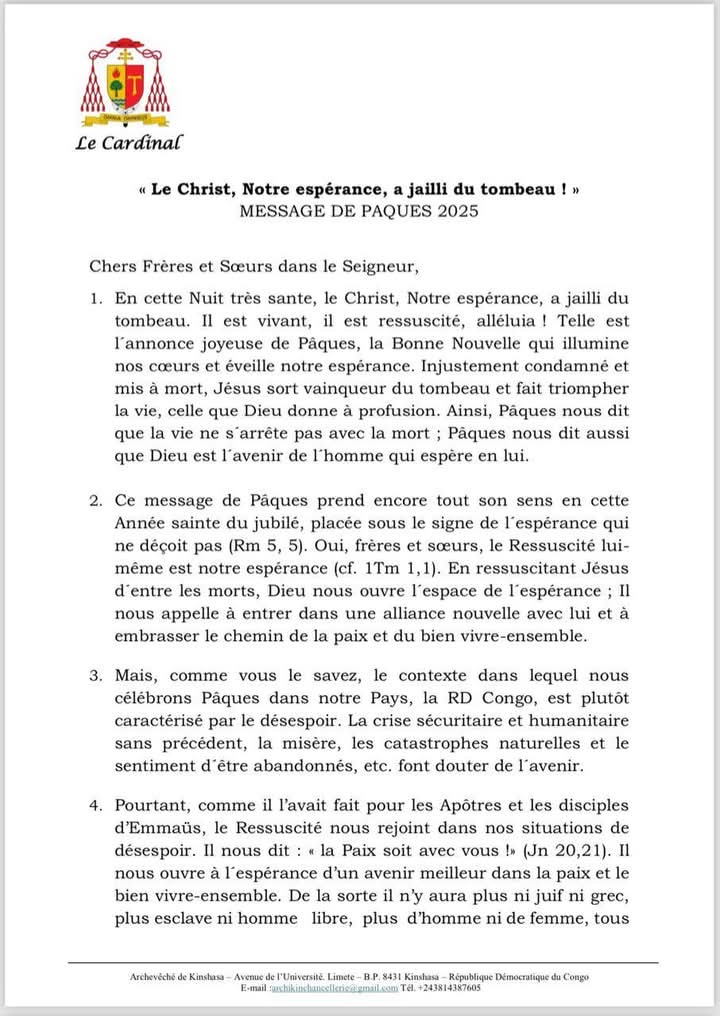VEILLEE PASCALE : "LA CRISE HUMANITAIRE ET SÉCURITAIRE, LA MISÈRE, LES CATASTROPHES NATURELLES FONT DOUTER DE L'AVENIR EN RDC " ( CARDINAL FRIDOLIN AMBONGO)