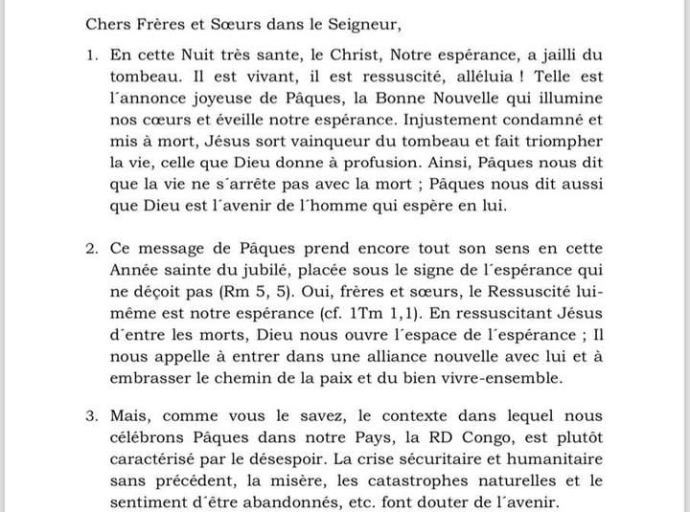 VEILLEE PASCALE : &quot;LA CRISE HUMANITAIRE ET SÉCURITAIRE, LA MISÈRE, LES CATASTROPHES NATURELLES FONT DOUTER DE L'AVENIR EN RDC &quot; ( CARDINAL FRIDOLIN AMBONGO)