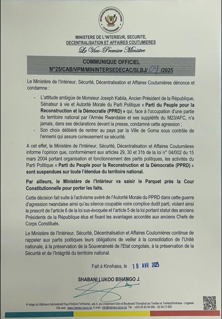 RDC: "LES ACTIVITÉS DU PPRD SUSPENDUES SUR TOUTE L'ÉTENDUE DU TERRITOIRE NATIONAL" ( COMMUNIQUÉ)
