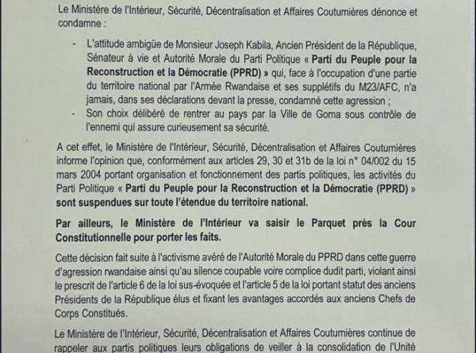 RDC: &quot;LES ACTIVITÉS DU PPRD SUSPENDUES SUR TOUTE L'ÉTENDUE DU TERRITOIRE NATIONAL&quot; ( COMMUNIQUÉ)