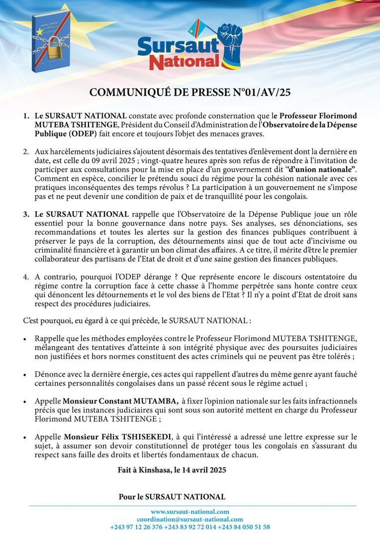 RDC: LE SURSAUT NATIONAL DÉNONCE LES TENTATIVES D'ENLÈVEMENT DE PCA DE L'ODEP