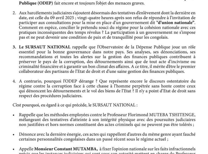 RDC: LE SURSAUT NATIONAL DÉNONCE LES TENTATIVES D'ENLÈVEMENT DE PCA DE L'ODEP