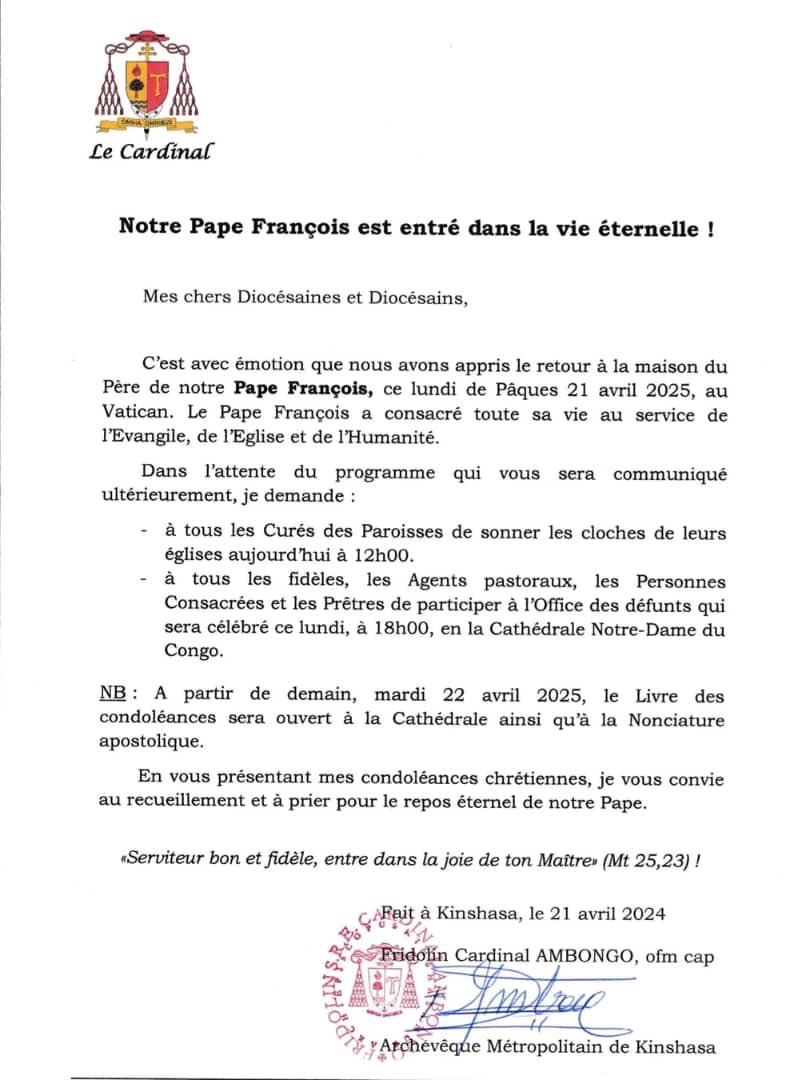 Décès du Pape François : une messe sera organisée ce soir à la Cathédrale Notre-Dame de Fatima [Fridolin Ambongo]