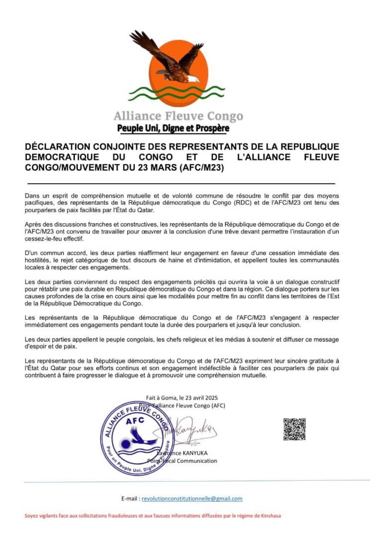 RDC : KINSHASA ET l’AFC/M23 CONVIENNENT DE TRAVAILLER À UNE TRÊVE LORS DES POURPARLERS