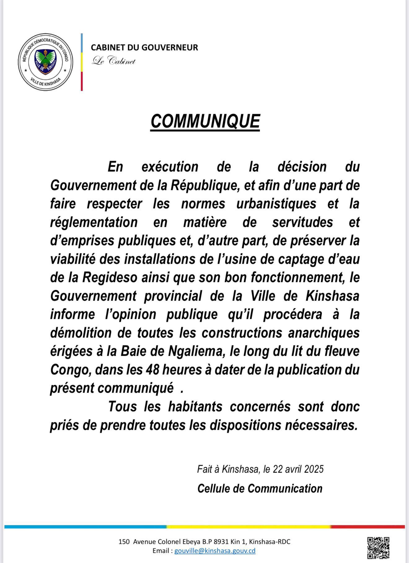 KINSHASA : DESTRUCTION ENDÉANS 48H DES CONSTRUCTIONS ANARCHIQUES ÉRIGÉES DANS LA BAIE DE NGALIEMA [Hôtel de Ville]