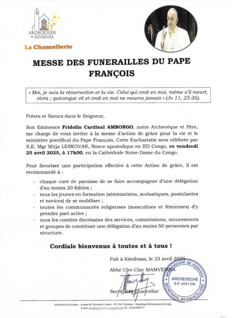 FUNÉRAILLES DU PAPE: UNE MESSE D'ACTION DE GRÂCE ANNONCÉE POUR CE VENDREDI