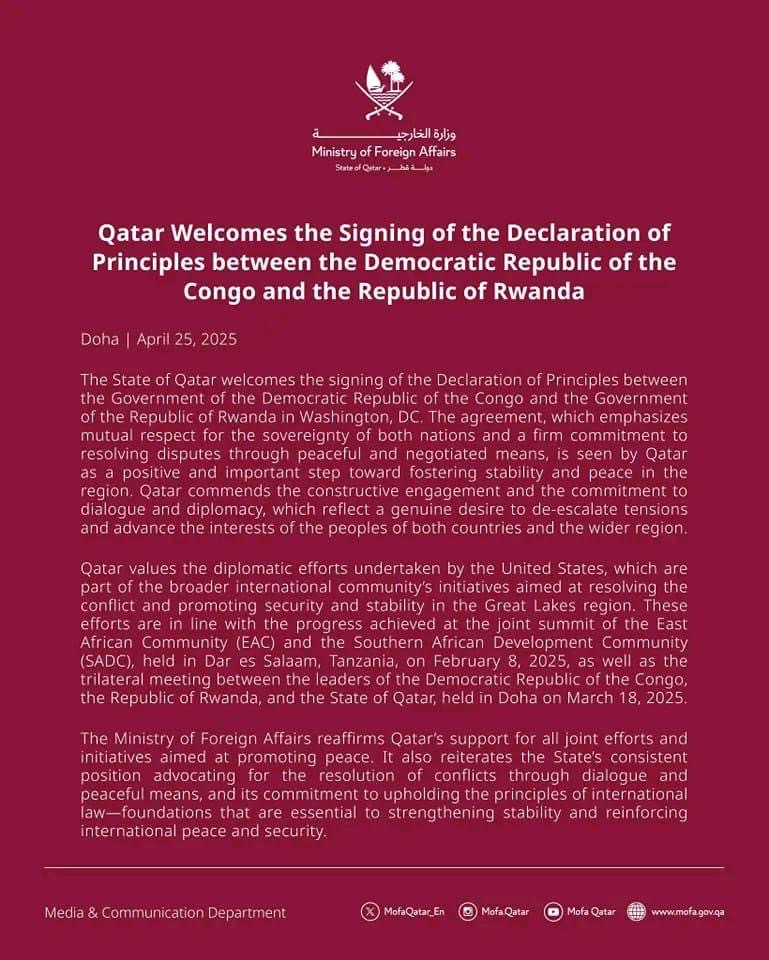 Accord RDC-Rwanda : Le Qatar salue une avancée diplomatique majeure