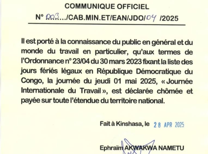 RDC: LA JOURNÉE DU 1er MAI DÉCLARÉE CHÔMÉE ET PAYÉE