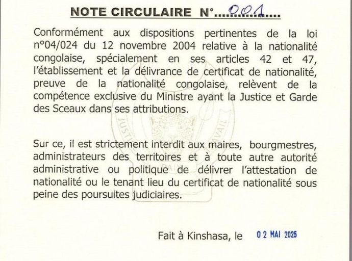 RDC: LA DÉLIVRANCE DE L'ATTESTATION DE NATIONALITE RESTE L'EXCLUSIVITÉ DU MINISTÈRE DE LA JUSTICE