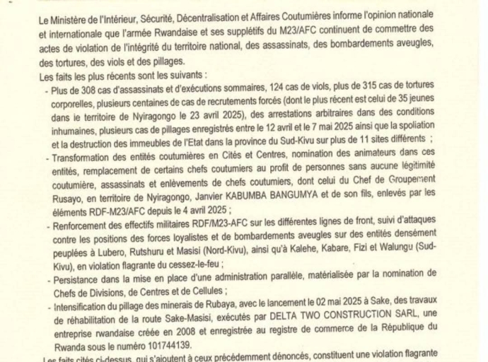 RDC: KINSHASA DENONCE LES VIOLATIONS GRAVES DE L'ARMÉE RWANDAISE ET DU M23/AFC