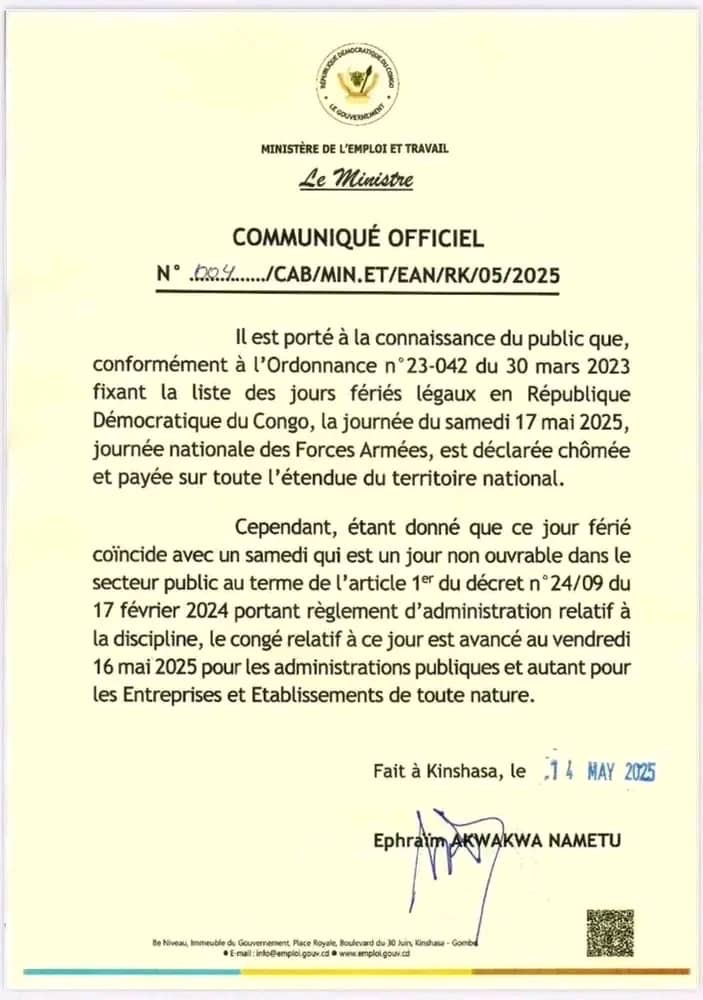 JOURNÉE NATIONALE DES FARDC: LE VENDREDI 16 MAI DÉCLARÉ CHOME ET PAYE