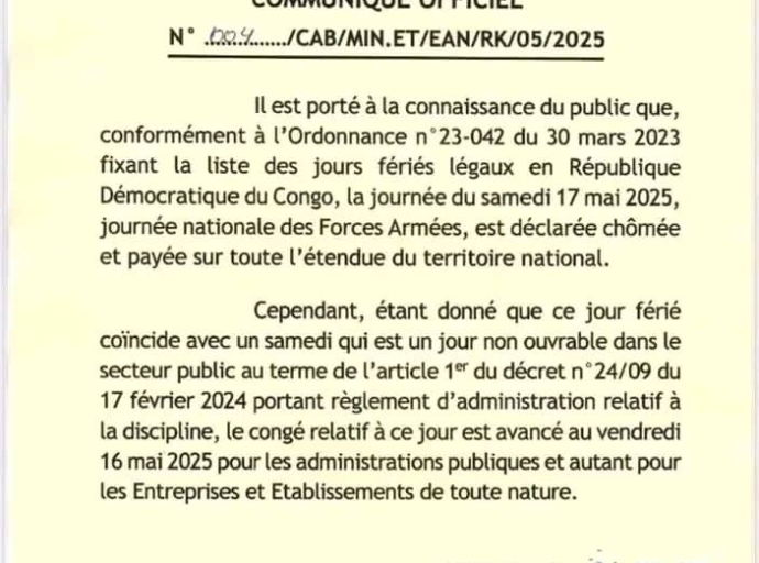 JOURNÉE NATIONALE DES FARDC: LE VENDREDI 16 MAI DÉCLARÉ CHOME ET PAYE