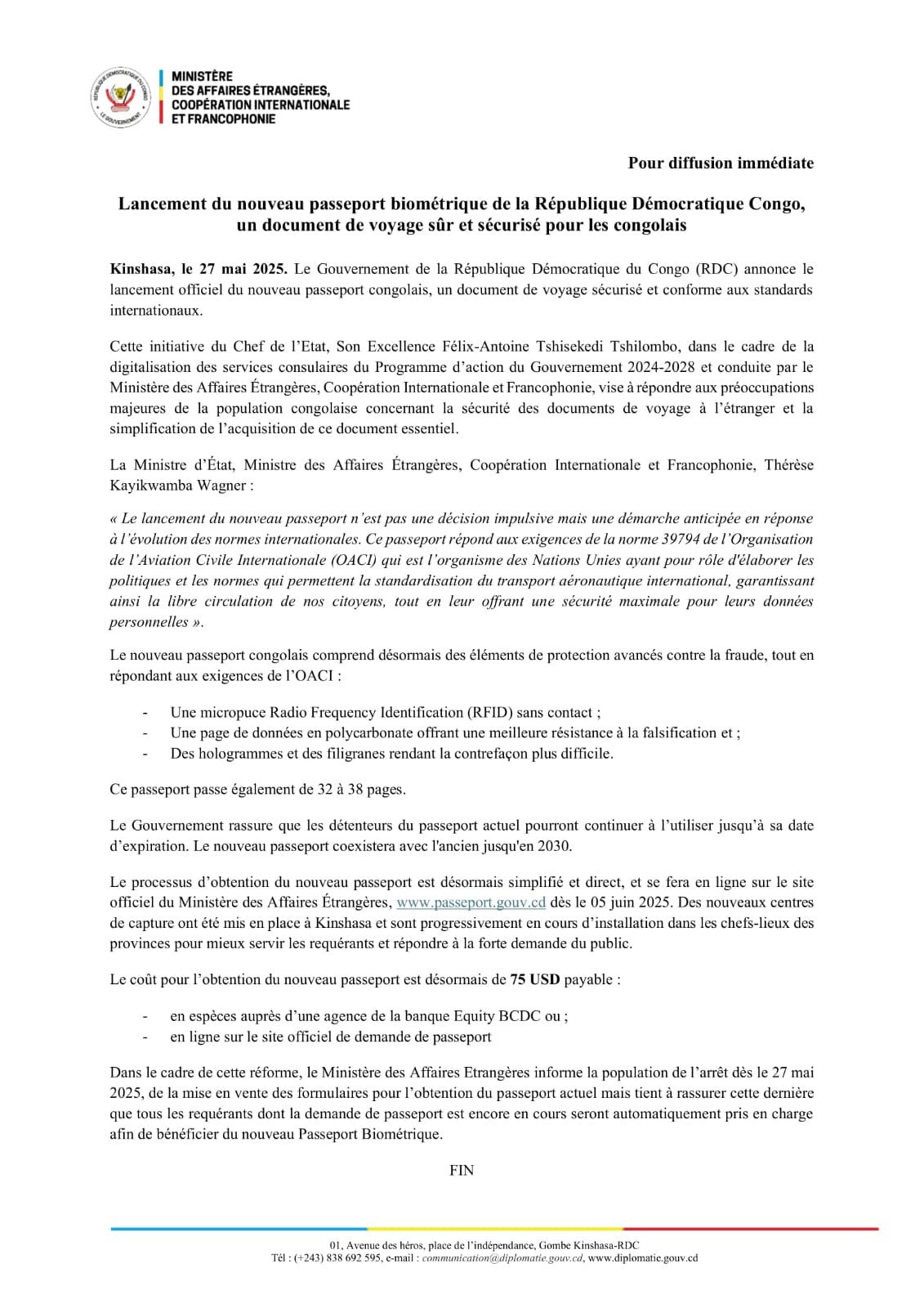 RDC: MISE EN PLACE D'UN NOUVEAU PASSEPORT BIOMÉTRIQUE
