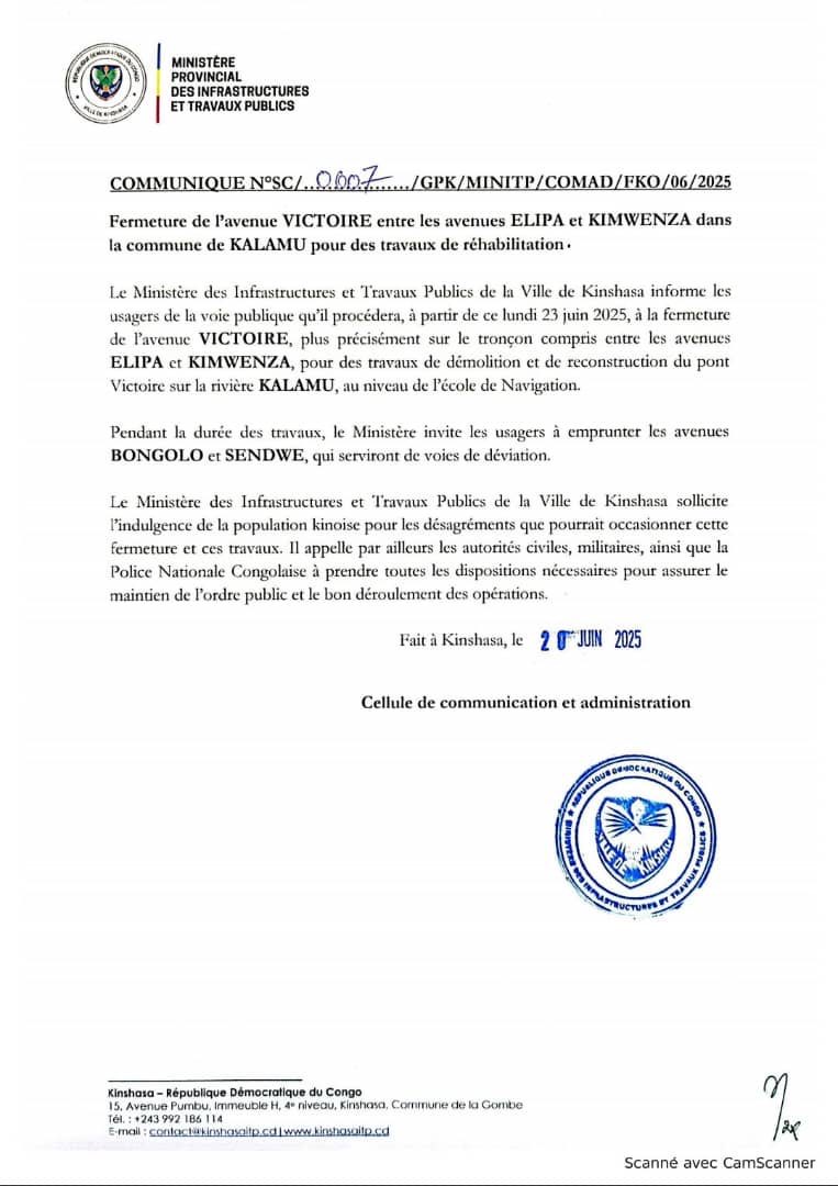 KINSHASA-KALAMU: LA FERMETURE DE LA VICTOIRE ANNONCÉE POUR CE 23 JUIN