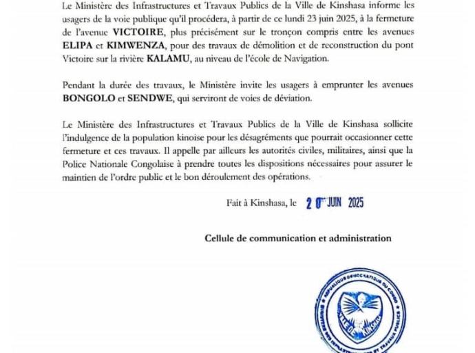 KINSHASA-KALAMU: LA FERMETURE DE LA VICTOIRE ANNONCÉE POUR CE 23 JUIN