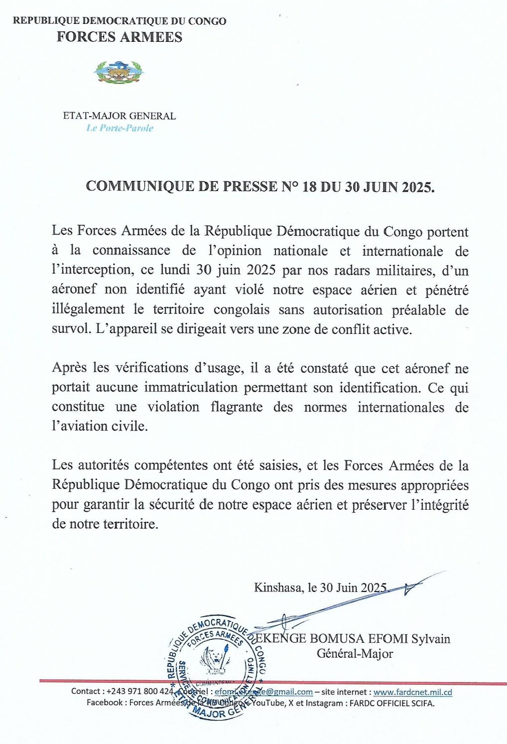 VIOLATION DE L'ESPACE AÉRIEN CONGOLAIS PAR UN AÉRONEF NON IDENTIFIÉ