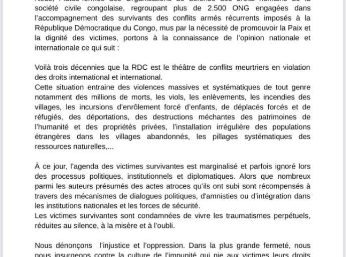 RDC: LA SOCIÉTÉ CIVILE PLAIDE POUR LA MISE EN ŒUVRE EFFECTIVE DE LA JUSTICE TRANSITIONNELLE