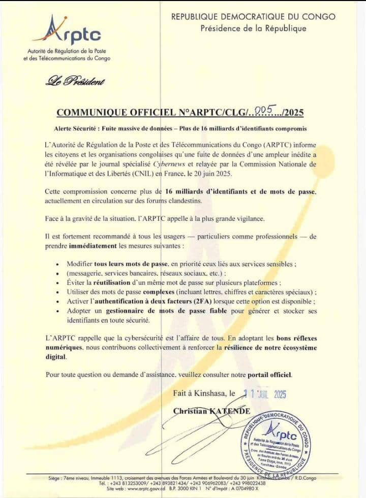 CYBERSÉCURITÉ : L’ARPTC ALERTE SUR UNE FUITE MASSIVE DE DONNÉES IMPLIQUANT PLUS DE 16 MILLARDS D'IDENTIFIANTS