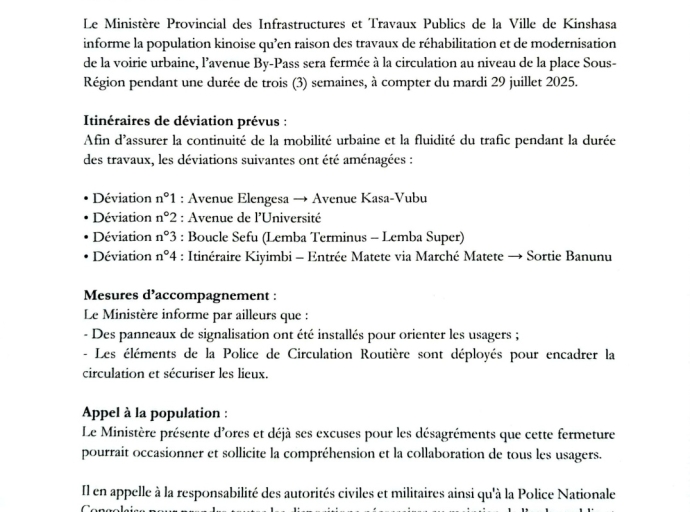 KINSHASA : FERMETURE DE L'AVENUE BY-PASS PENDANT TROIS SEMAINES POUR RÉHABILITATION 