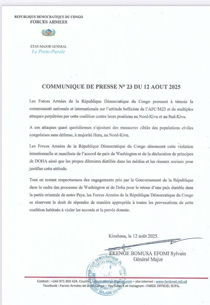 RDC: L'ARMEE DENONCE LES ATTAQUES RÉPÉTÉES DE L'AFC/M23 ET MENACE DE RIPOSTER